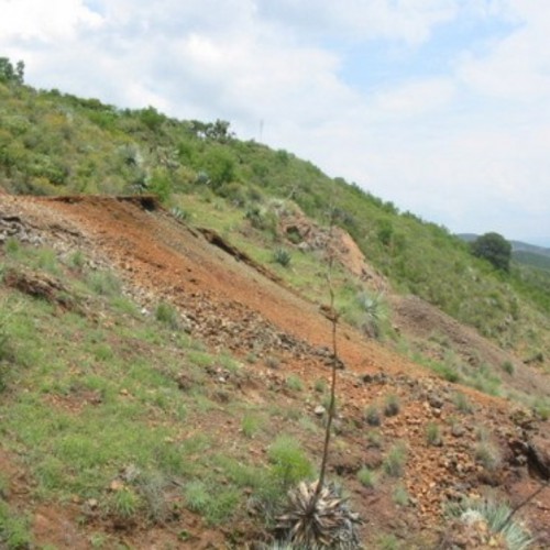Mineral dumps from small old artisanal mine workings over a 1.5 metre quartz vein – looking north; sample #506 assayed 79 g/t Ag, 4.76% Pb and 5.63% Zn.