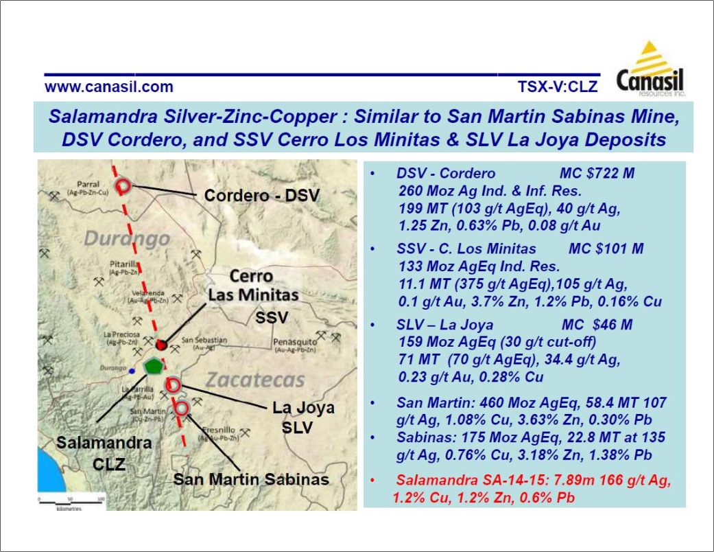 Salamandra Silver-Zinc-Copper: Similar to San Martin Sabinas Mine, DSV Cordero, and SSV Cerro Los Minitas & SLV La Joya Deposits