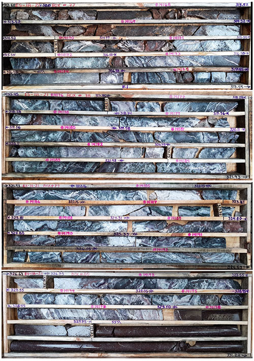 La Esperanza Project - Drill Hole ES-18-21 Vein Intercept, Core Photos 312 metres to 331 metres