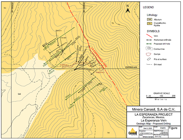 La Esperanza Vein Drill Plan Map with Prior and Planned Drill Holes