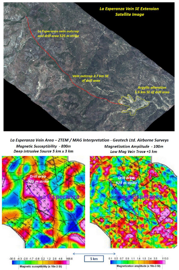 La Esperanza Vein Potential Strike Extent – Satellite Image and ZTEM/MAG Interpretation