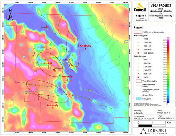 2019 Canasil Vega Project, Western Area
Magnetic and Soil Anomalies Confirm High Priority Copper-Gold Targets