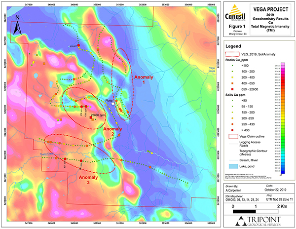 2019 Canasil Vega Project, Western Area
Magnetic and Soil Anomalies Confirm High Priority Copper-Gold Targets