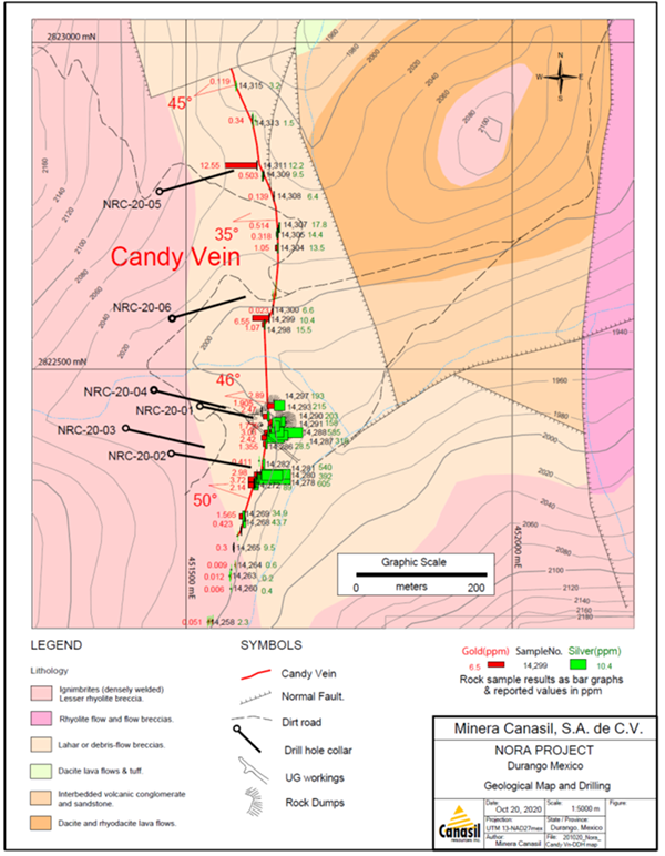 Candy Vein Area Geological Map Showing Drill Holes NRC-20-01 to NRC-20-06